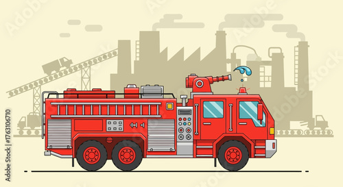 Bright Red Fire Truck with Water Cannon Ready for Emergency Response.