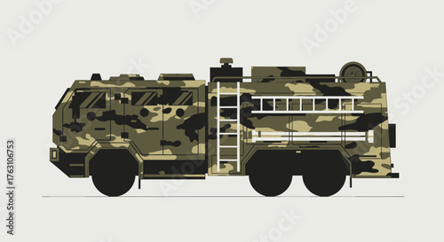 Camouflage fire truck ready for emergency response and rescue operations.