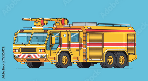 Bright yellow fire truck with red stripes and water cannon on top.