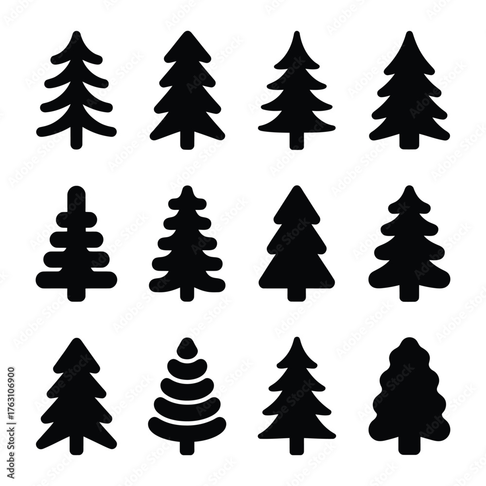 Obraz premium Collection of Pine Tree Silhouette Icons Perfect for Christmas and Winter Season Design Projects and Holiday Illustrations