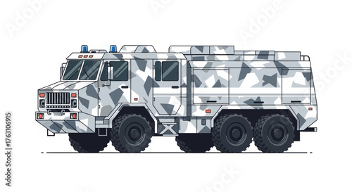 Camouflaged Military Truck in Winter Livery A Detailed Side View.