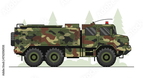 Camouflaged Military Truck with Six Wheels.