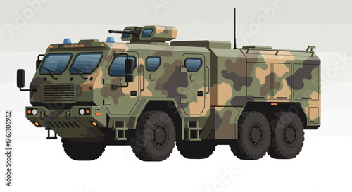 Camouflaged six wheeled armored personnel carrier military vehicle.