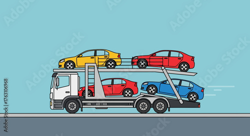 Car carrier truck transporting multiple new automobiles for delivery.