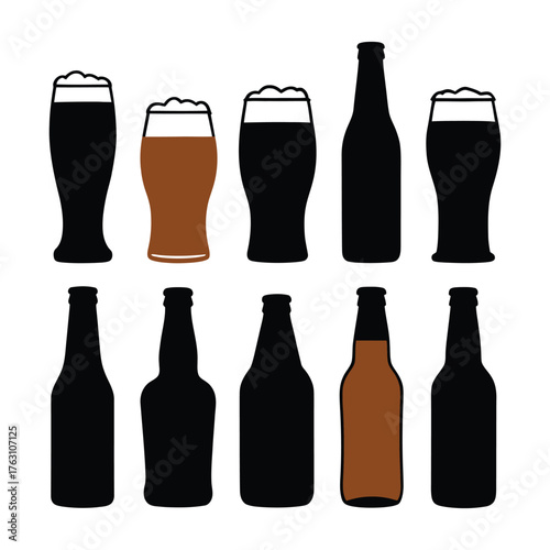 Diverse Beer Selection Represented in Elegant Silhouette Vector Illustration for Brewery and Beverage Themes