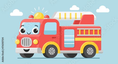 Cute Cartoon Fire Truck with Smiling Face and Siren.
