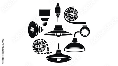 Collection of lamp icons isolated on white background showcasing various lighting fixtures and electrical components in a circular arrangement