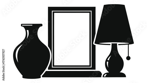 Elegant home decor featuring a vase, picture frame, and table lamp isolated on white background, creating a stylish interior scene