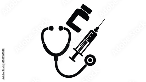Medical equipment including stethoscope, syringe and medicine bottle isolated on white background for healthcare concept design