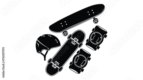 Skateboard, penny board, helmet and knee pads isolated on white background, representing skateboarding and safety gear