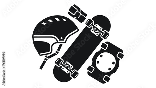 Skateboarding gear isolated on white background helmet, skateboard, knee pads, and elbow pads for safe riding and tricks