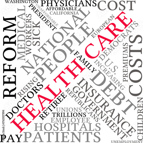 Health Care Reform Word Cloud Displays a “HEALTH CARE” pattern with related text. Full-frame composition, white-multicolor tone. Bold style, health background, with “HEALTH CARE” text