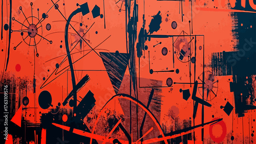 Abstract Expressionist Street Art Splatter: Energetic Composition of Neon Orange, Hot Pink, and Black Paint Drips. Urban Graffiti Bold, High-Contrast Digital and Modern Artwork