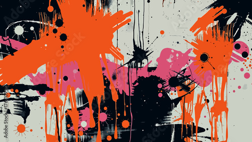 Abstract Expressionist Street Art Splatter: Energetic Composition of Neon Orange, Hot Pink, and Black Paint Drips. Urban Graffiti Bold, High-Contrast Digital and Modern Artwork