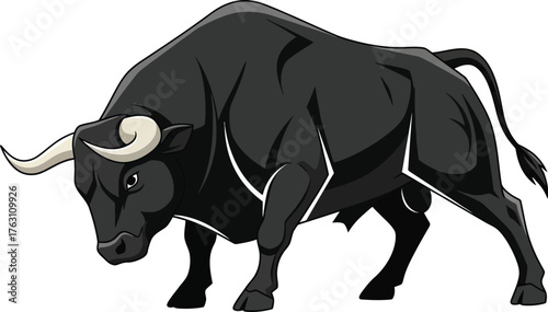 Powerful black bull charging forward majestic animal strength and dominance symbolism flat design vector illustration isolated on transparent background