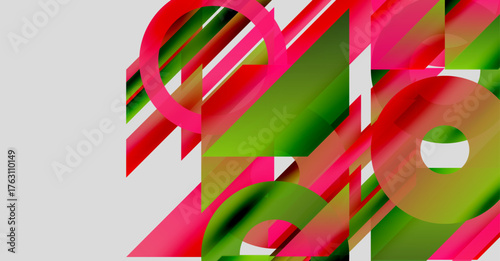 Abstract composition featuring overlapping shapes, vibrant pinks, greens. Dynamic interplay creates modern visual experience.