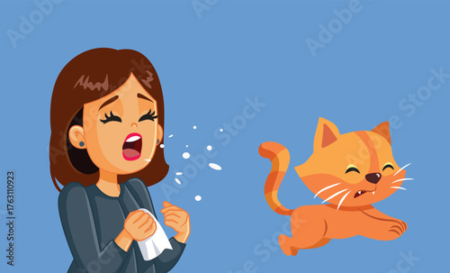  Sneezing Woman Allergic to Cats Vector Illustration. Person coughing after adopting a pet having symptoms of allergy
