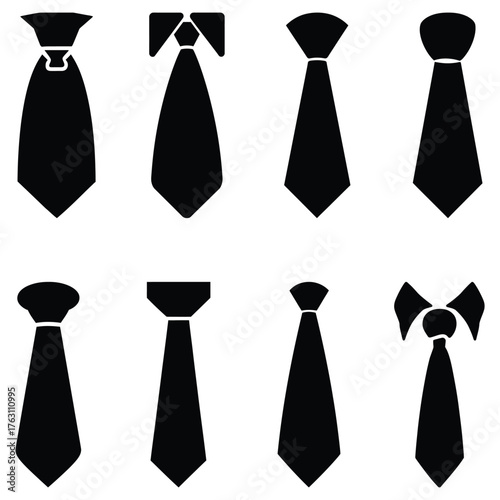 necktie black graphic icon set of a classic with a visible knot and collar detail.