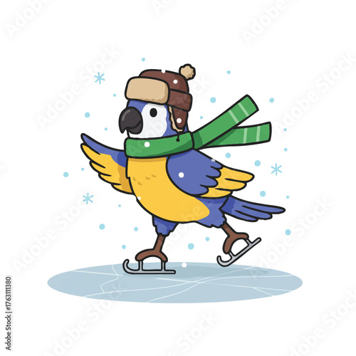 Whimsical flat 2D vector illustration featuring a cheerful parrot wearing a warm green scarf and furry winter hat, gliding gracefully while ice skating on a frozen pond with soft falling snow.