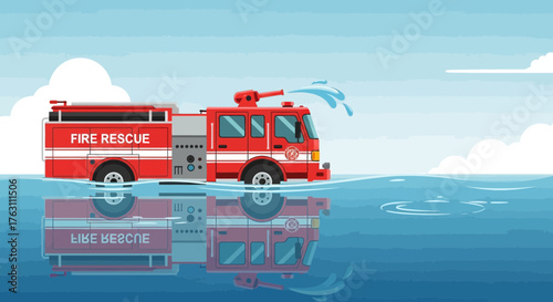 Obraz na plátne Red Fire Rescue Truck Floating on Water with Water Spray.