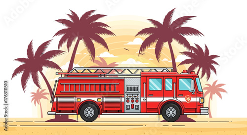 Canvastavla Red fire truck emergency response vehicle illustration.