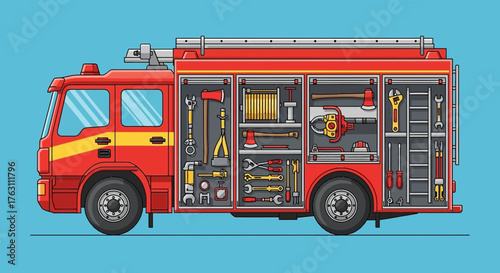 Foto Red fire truck with open side compartments showing rescue equipment