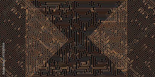 Complex abstract artwork featuring intricate maze patterns and geometric shapes with a dark background.