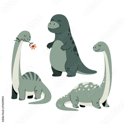 Three adorable cartoon dinosaurs in a playful and friendly illustration.