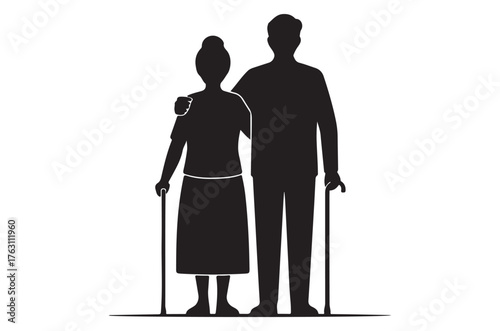 Silhouette of an elderly couple a man and a woman standing together