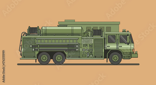 Side profile view of a green military utility tanker truck vector illustration.