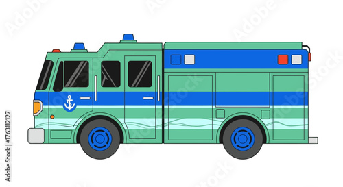 Stylized marine rescue fire truck vehicle vector art.