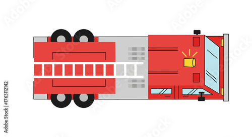 Top view of a red fire truck with a ladder and wheels.