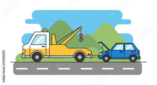 Tow truck assisting broken down car on the road with open hood.