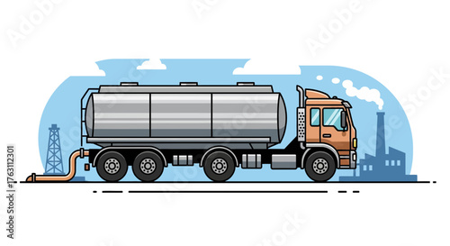 Vector illustration of a large industrial fuel tanker truck.