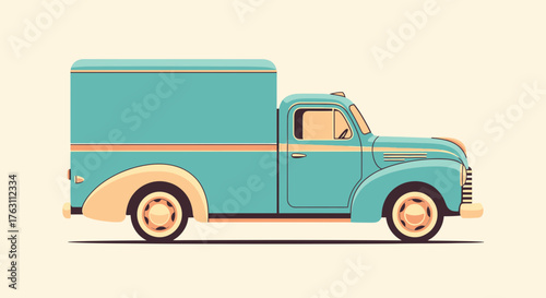 Vintage turquoise delivery truck with enclosed cargo area and classic design.