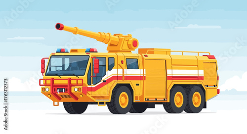 Yellow Airport Fire Truck with Elevated Water Cannon Illustration.