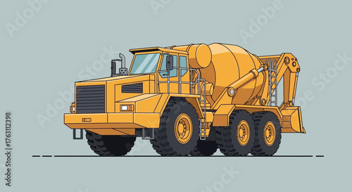 Yellow Cement Mixer Truck Illustration on Gray Background.