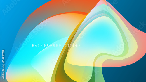 Abstract fluid shapes blend vibrant colors. Orange, blue, yellow create dynamic visual flow. Modern design element.