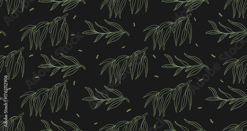 Outline drawing of leaves isolated on a black background. Green contour of willow leaves. Seamless pattern under clipping mask, convenient for editing. Floral background for paper, cover, textile.