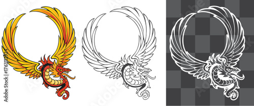 Flying Dragon with Wings Circle Frame Vector Illustration in Vintage Tattoo and Fantasy Style Perfect for Mythical Art Posters Decorative Designs Heraldic Symbols or Asian Dragon Artwork with Detailed