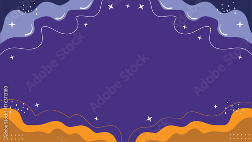 Colorful Abstract Night Sky Background with Purple and Orange Wavy Shapes Stars and Decorative Elements for Poster Invitation and Banner Design.