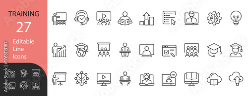Training and Education line icon set. Contains symbols for e-learning, coaching, online courses, and skill development. Line vector design for business and educational projects.