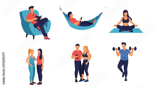 Free Time Activity Icons Set – Hobbies, Relaxation, and Leisure Flat Vector Illustration