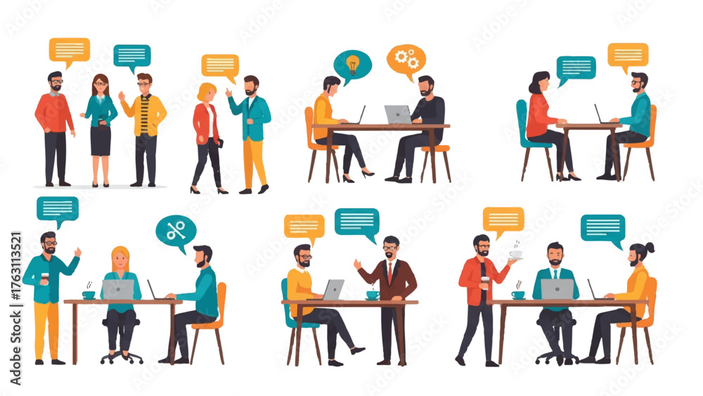 Fototapeta premium Modern Office Work People Icons Set — Teamwork, Communication, and Productivity Illustrations