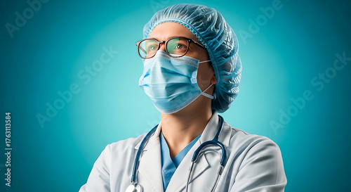 Doctor wearing surgical mask cap and stethoscope medical