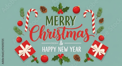 Festive merry christmas and happy new year greeting card with traditional holiday elements like candy canes pine cones holly and gift boxes arranged in a decorative border on a muted green background