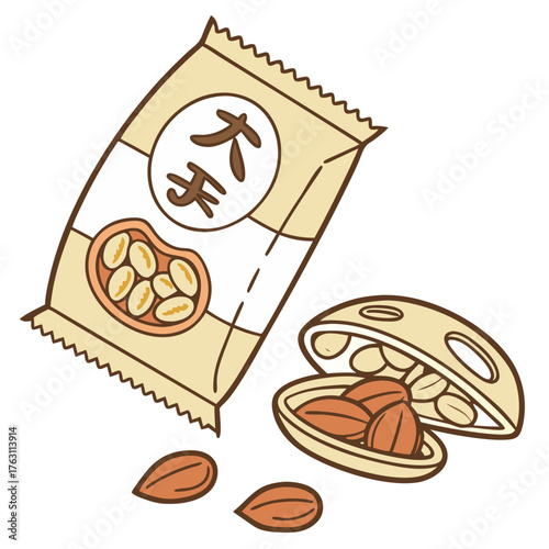Japanese Kaki no Tane Snack Vector. Snack packaging, food culture illustration, Japanese souvenir design, culinary graphics