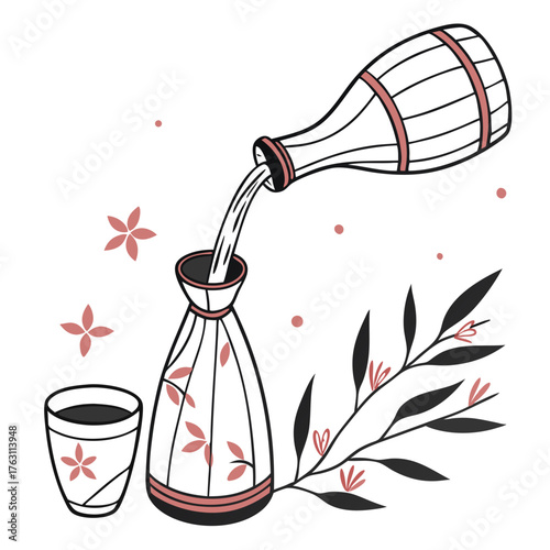 Japanese Sake Bottle and Cup Vector. Perfect for beverage branding, cultural illustrations, product packaging