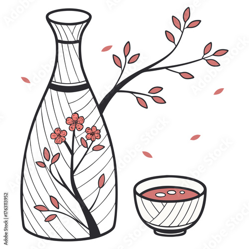 Japanese Sake Bottle and Cup Vector. Perfect for beverage branding, cultural illustrations, product packaging