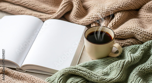 Open book and steaming coffee cup on knitted blankets